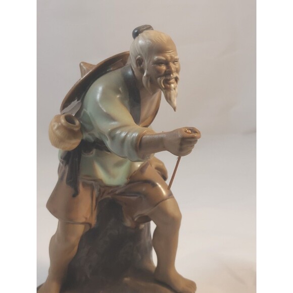 Vintage Chinese Shiwan Artistic Ceramic Mudman Fisherman Glazed Figurine 8" tall - Picture 8 of 10